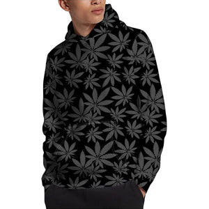 Black And Grey Pot Leaf Pattern Print Pullover Hoodie