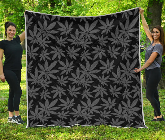 Black And Grey Pot Leaf Pattern Print Quilt