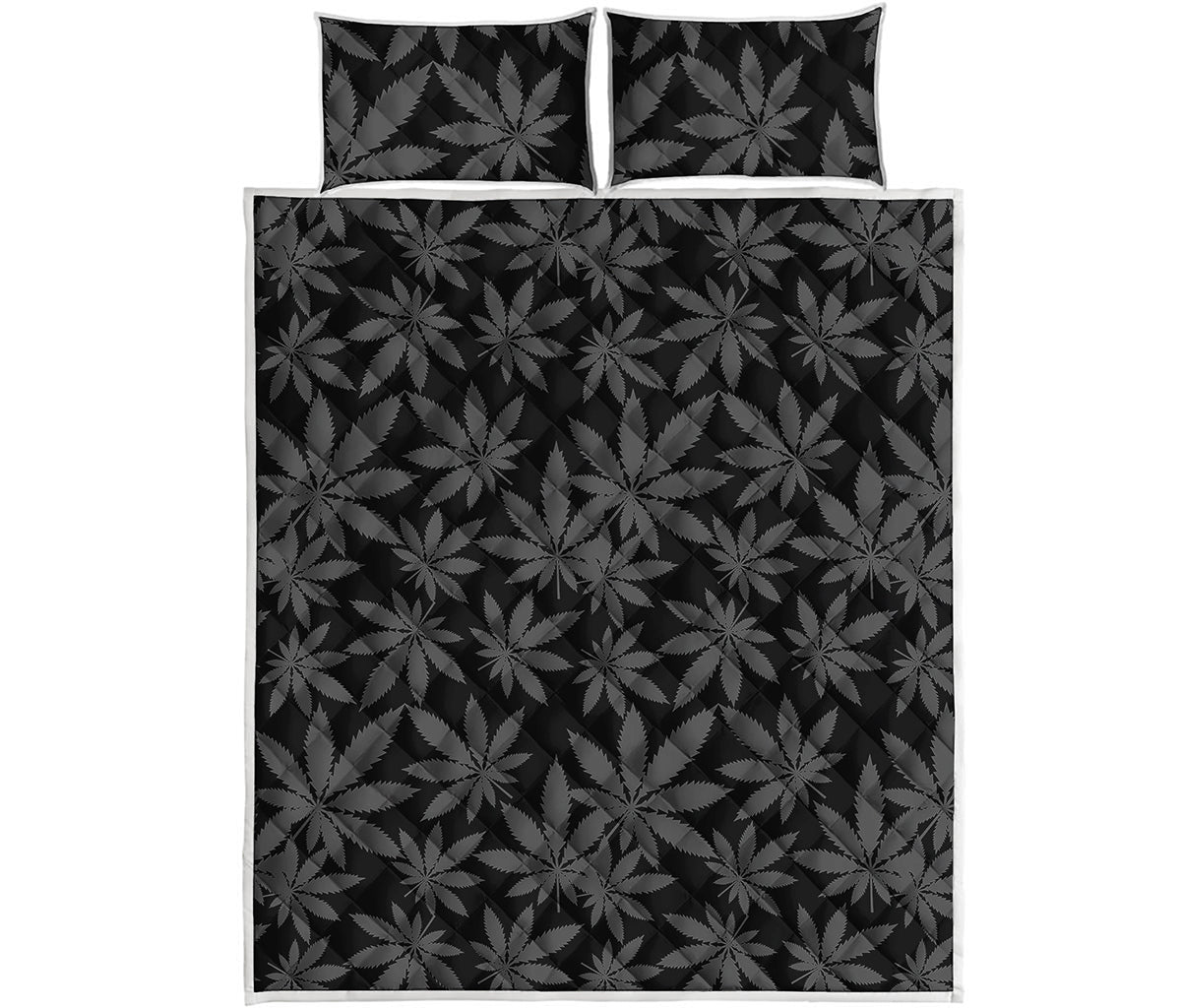 Black And Grey Pot Leaf Pattern Print Quilt Bed Set