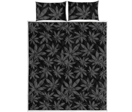 Black And Grey Pot Leaf Pattern Print Quilt Bed Set