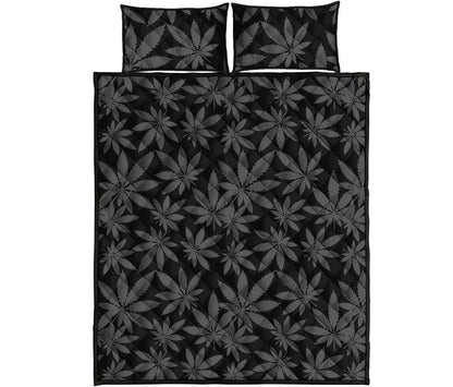 Black And Grey Pot Leaf Pattern Print Quilt Bed Set