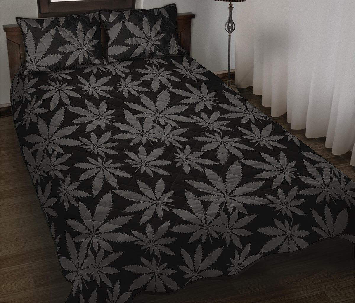 Black And Grey Pot Leaf Pattern Print Quilt Bed Set