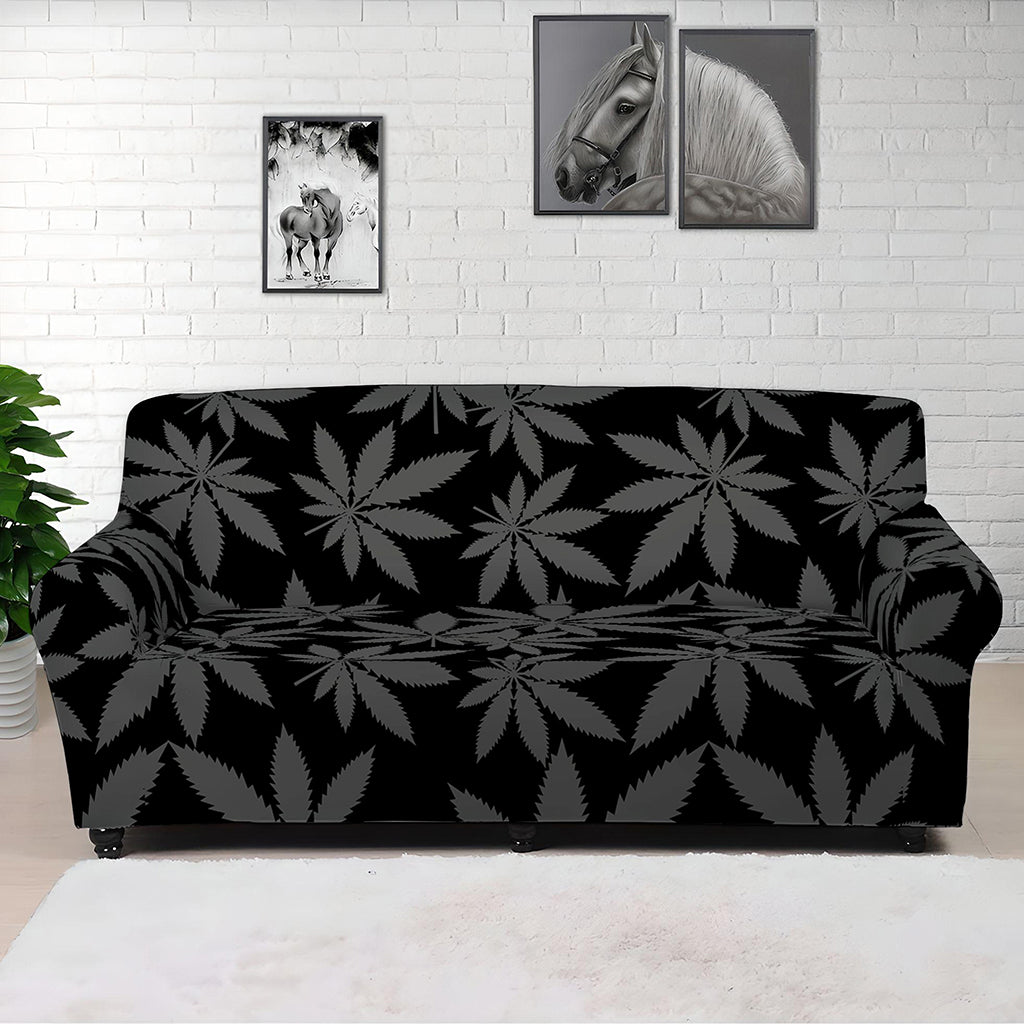Black And Grey Pot Leaf Pattern Print Sofa Cover