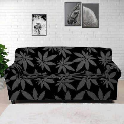 Black And Grey Pot Leaf Pattern Print Sofa Cover