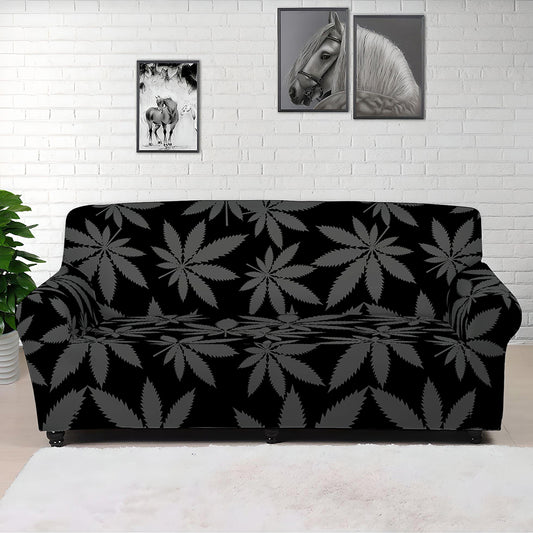 Black And Grey Pot Leaf Pattern Print Sofa Cover