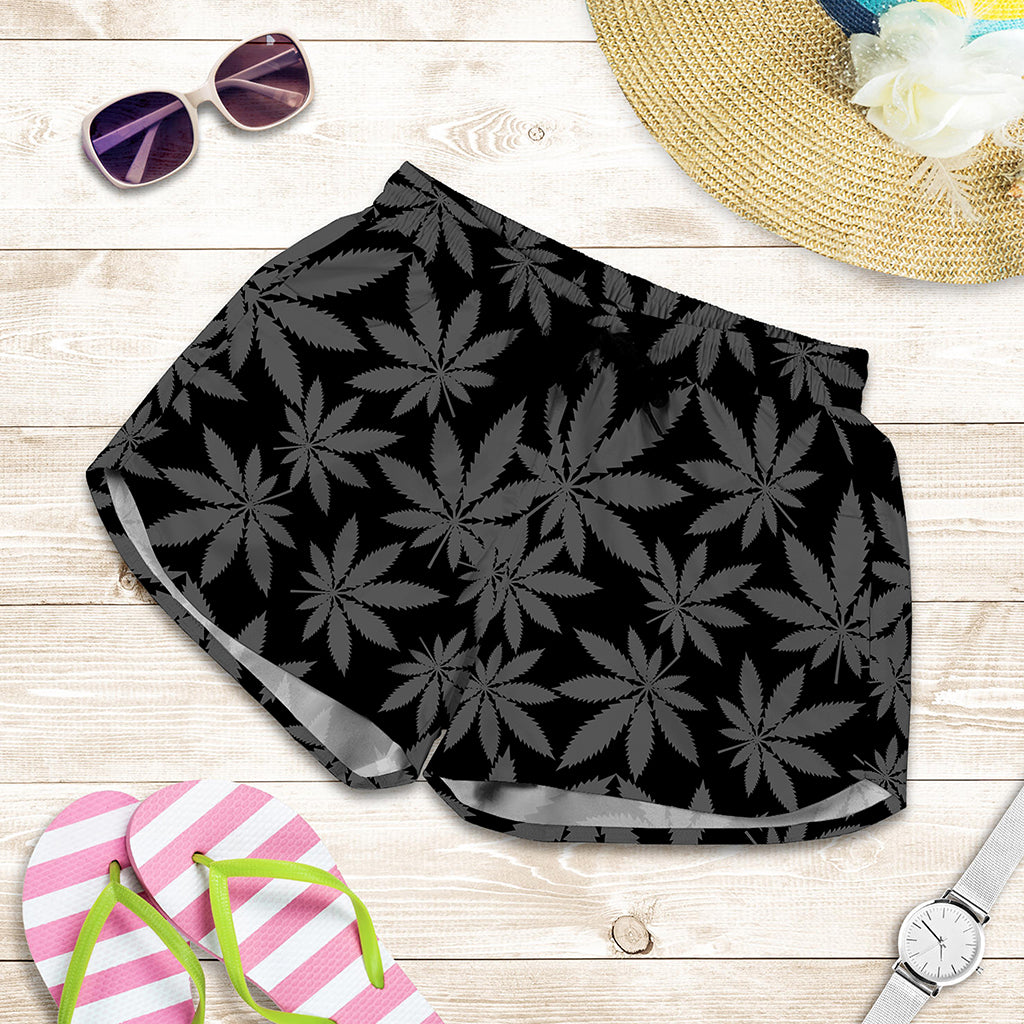 Black And Grey Pot Leaf Pattern Print Women's Shorts