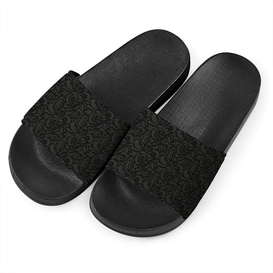 Black And Grey Western Floral Print Black Slide Sandals