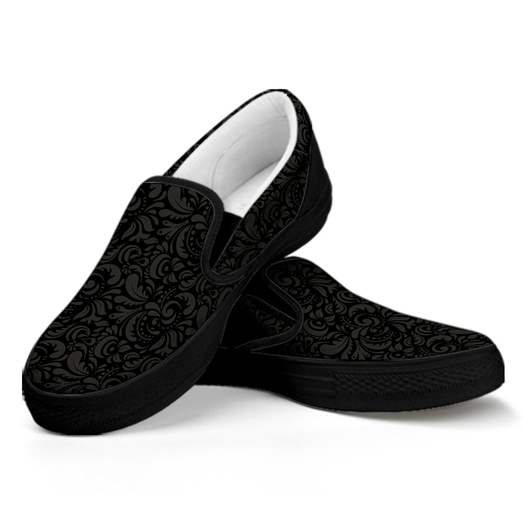 Black And Grey Western Floral Print Black Slip On Shoes