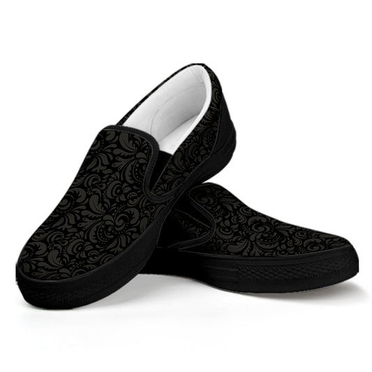 Black And Grey Western Floral Print Black Slip On Shoes