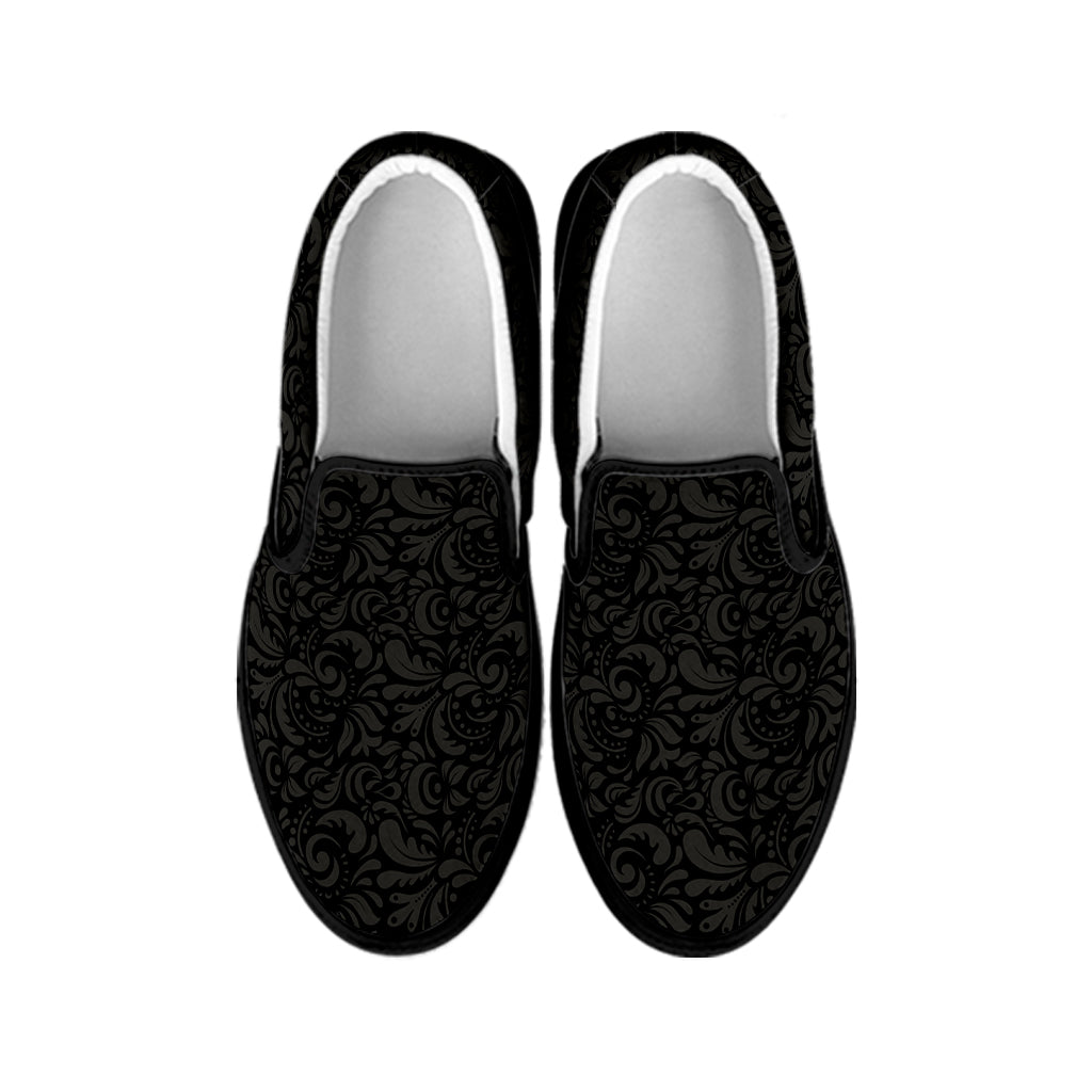 Black And Grey Western Floral Print Black Slip On Shoes