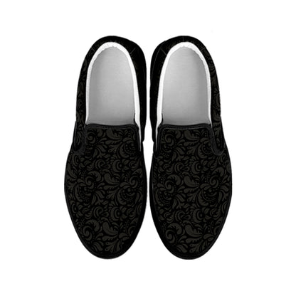 Black And Grey Western Floral Print Black Slip On Shoes