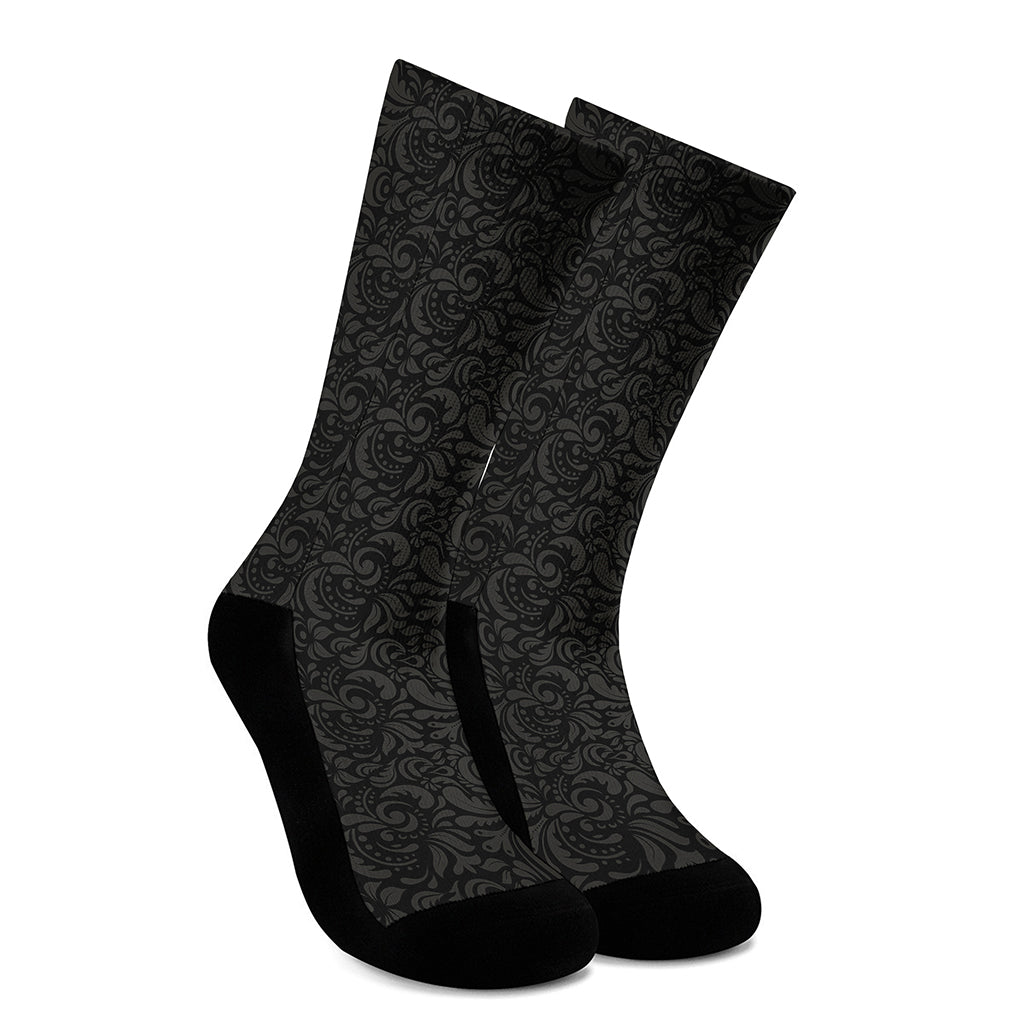 Black And Grey Western Floral Print Crew Socks