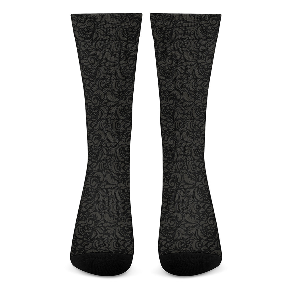 Black And Grey Western Floral Print Crew Socks