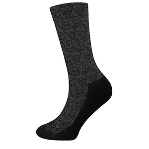 Black And Grey Western Floral Print Crew Socks