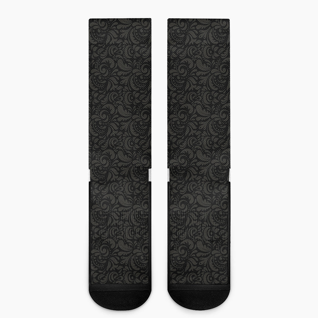 Black And Grey Western Floral Print Crew Socks