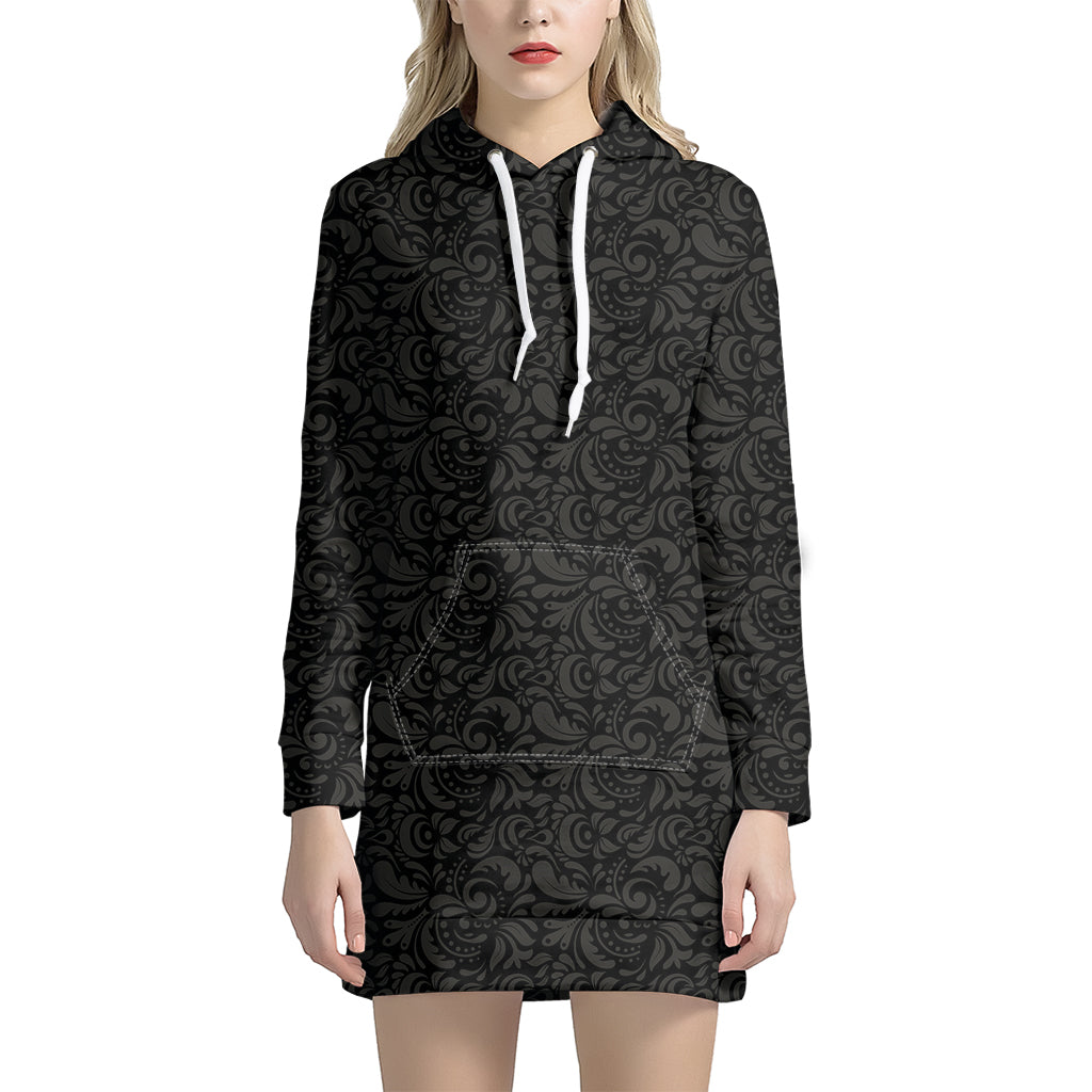 Black And Grey Western Floral Print Hoodie Dress
