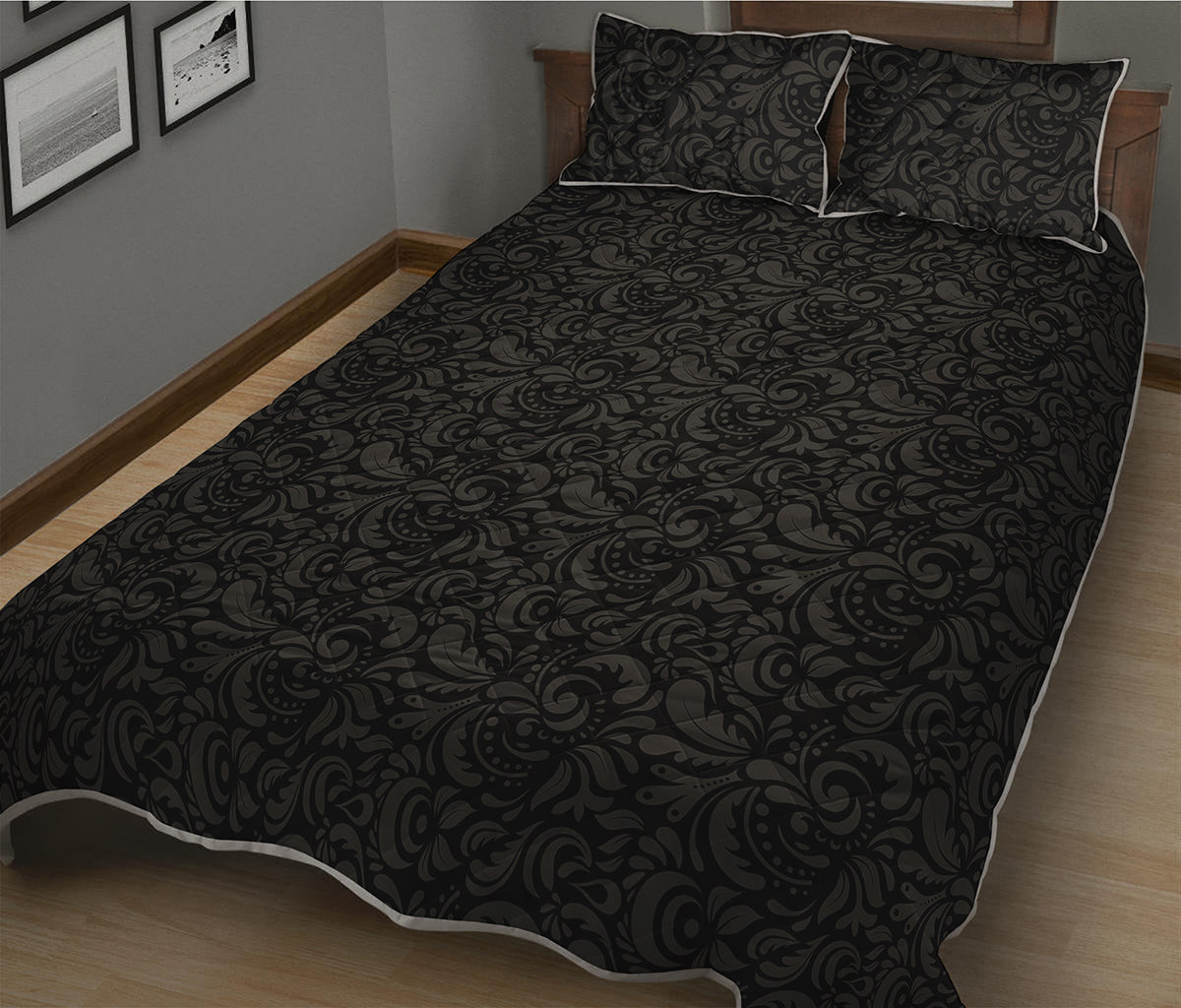 Black And Grey Western Floral Print Quilt Bed Set