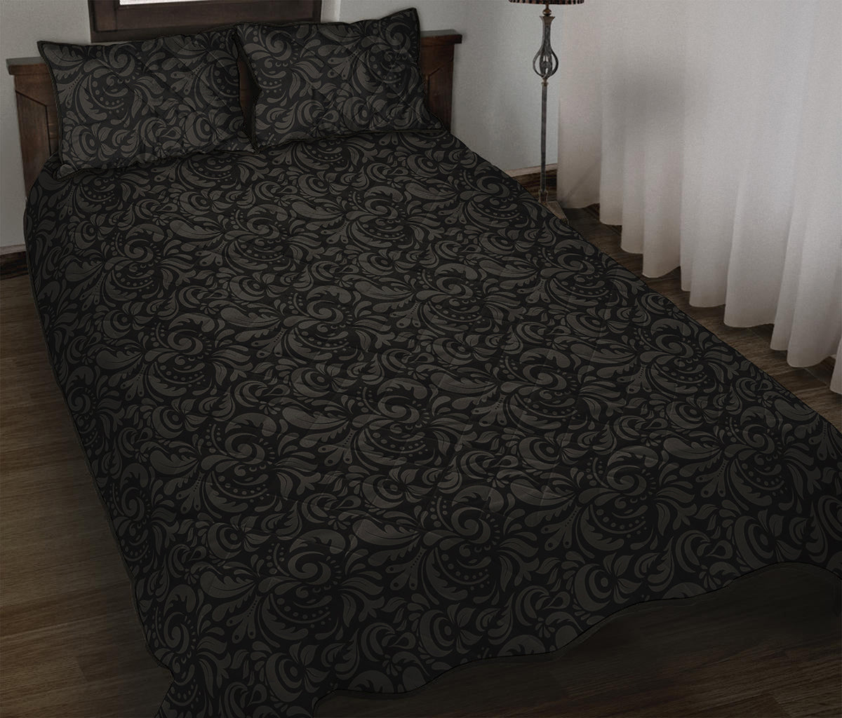 Black And Grey Western Floral Print Quilt Bed Set
