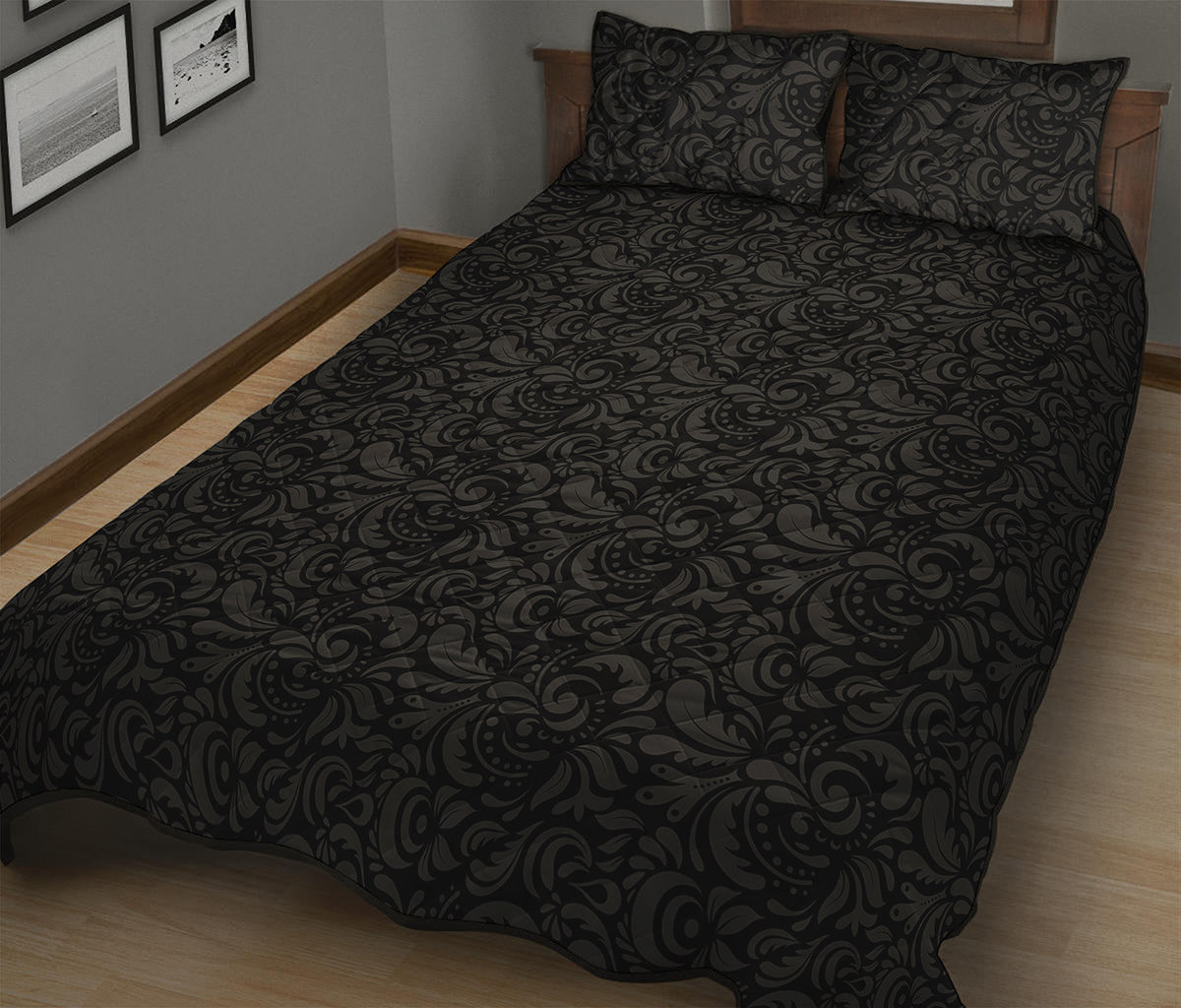 Black And Grey Western Floral Print Quilt Bed Set