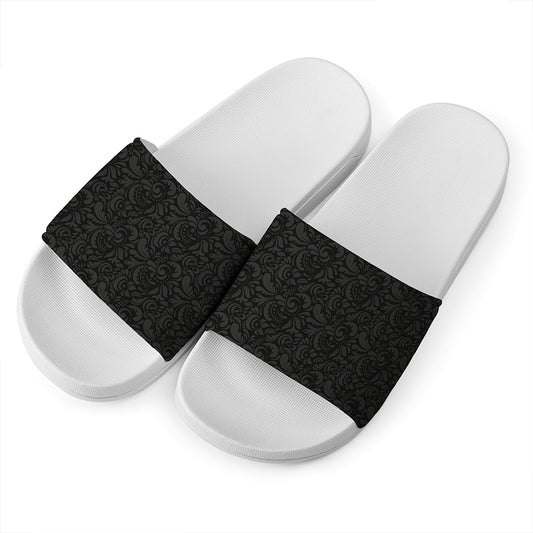 Black And Grey Western Floral Print White Slide Sandals