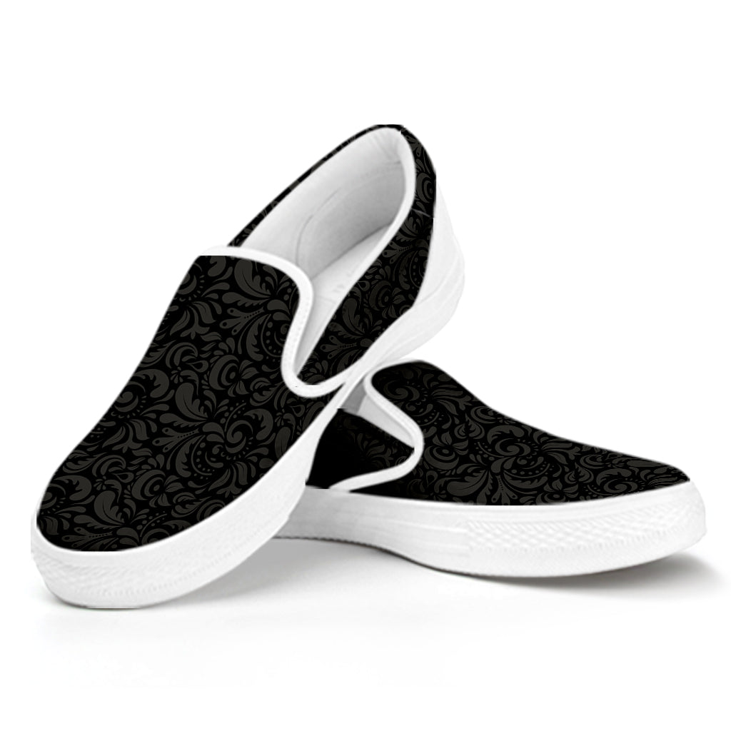 Black And Grey Western Floral Print White Slip On Shoes