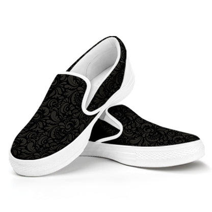 Black And Grey Western Floral Print White Slip On Shoes