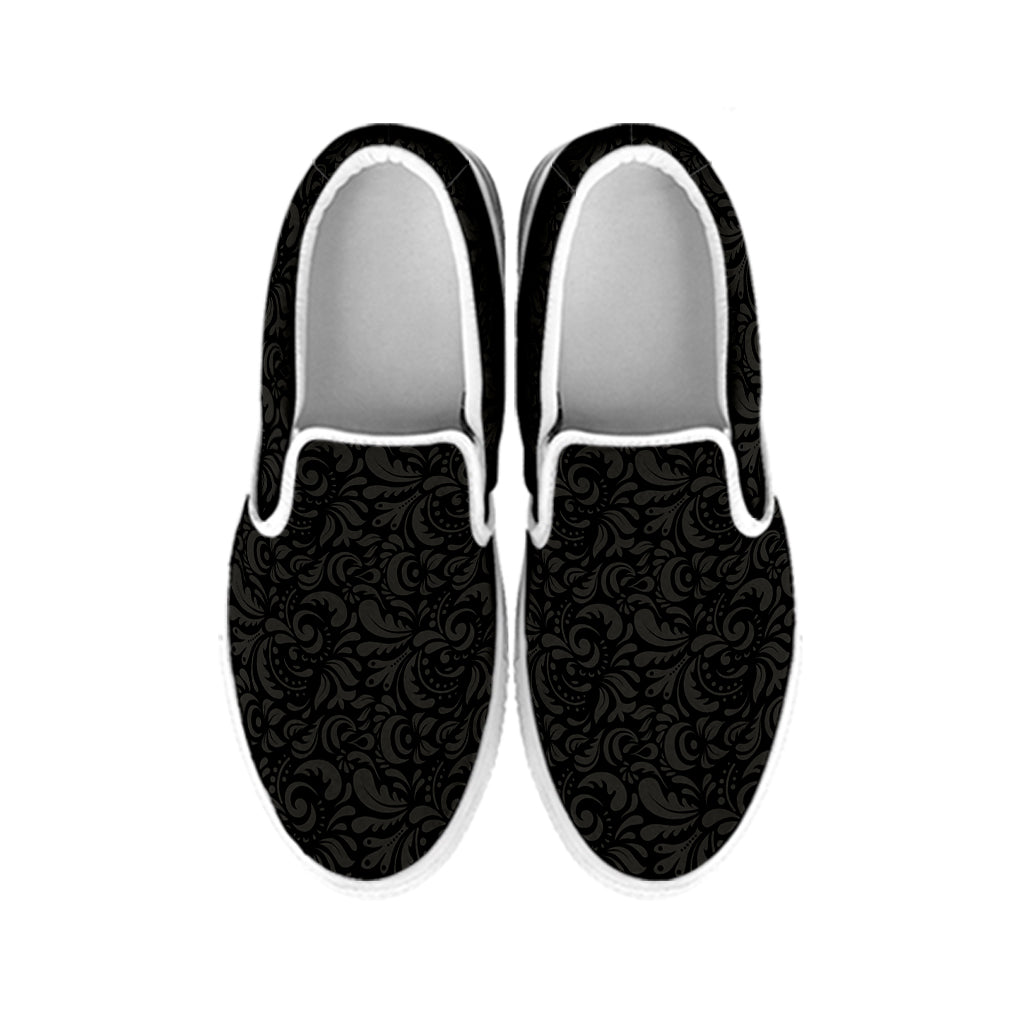 Black And Grey Western Floral Print White Slip On Shoes