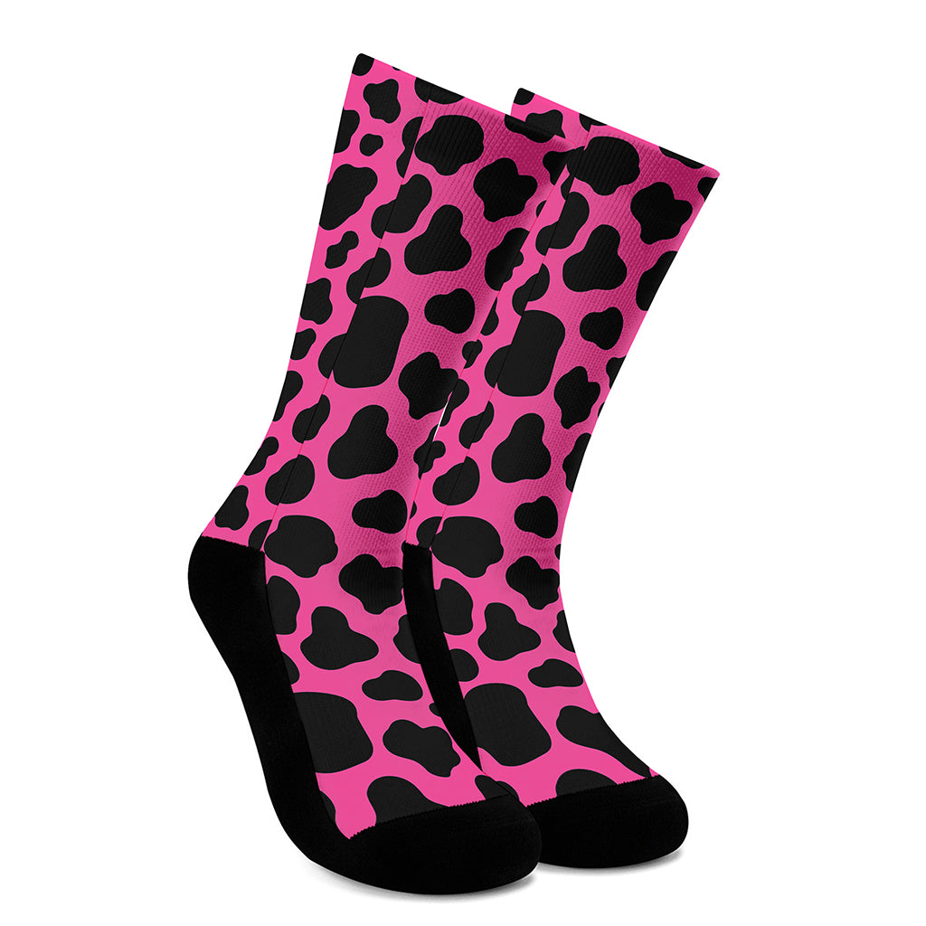 Black And Hot Pink Cow Print Crew Socks
