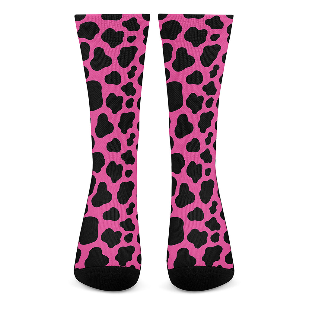 Black And Hot Pink Cow Print Crew Socks