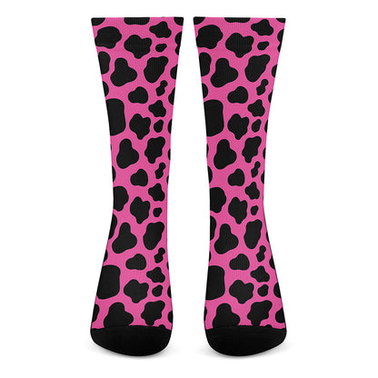 Black And Hot Pink Cow Print Crew Socks