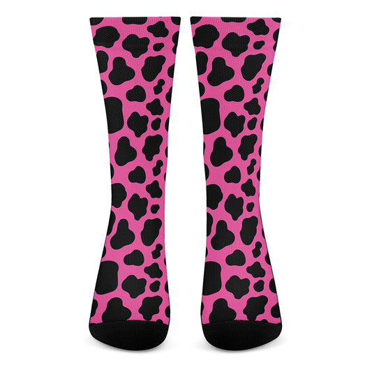 Black And Hot Pink Cow Print Crew Socks