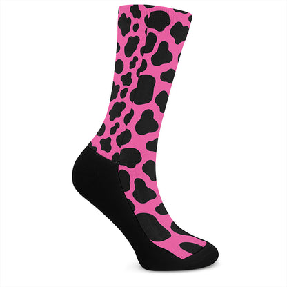 Black And Hot Pink Cow Print Crew Socks
