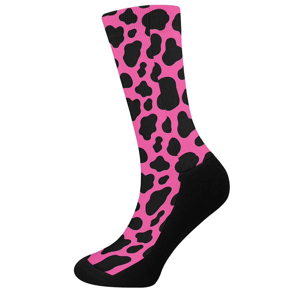 Black And Hot Pink Cow Print Crew Socks