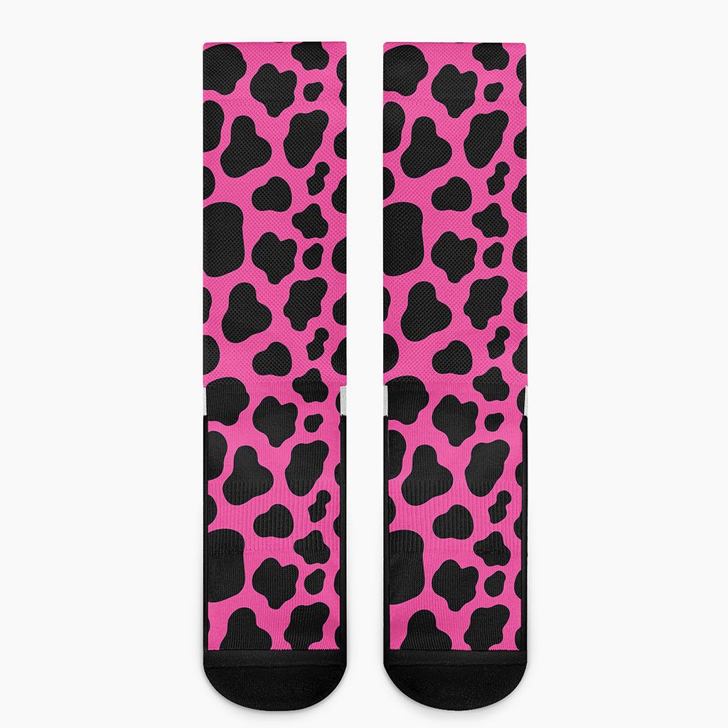 Black And Hot Pink Cow Print Crew Socks