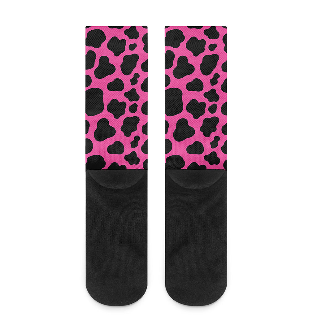 Black And Hot Pink Cow Print Crew Socks