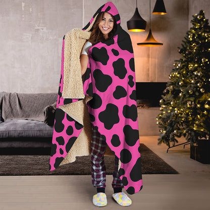 Black And Hot Pink Cow Print Hooded Blanket