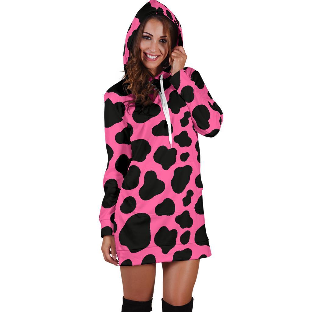 Black And Hot Pink Cow Print Hoodie Dress GearFrost