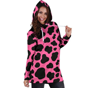 Black And Hot Pink Cow Print Hoodie Dress GearFrost