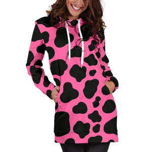 Black And Hot Pink Cow Print Hoodie Dress GearFrost