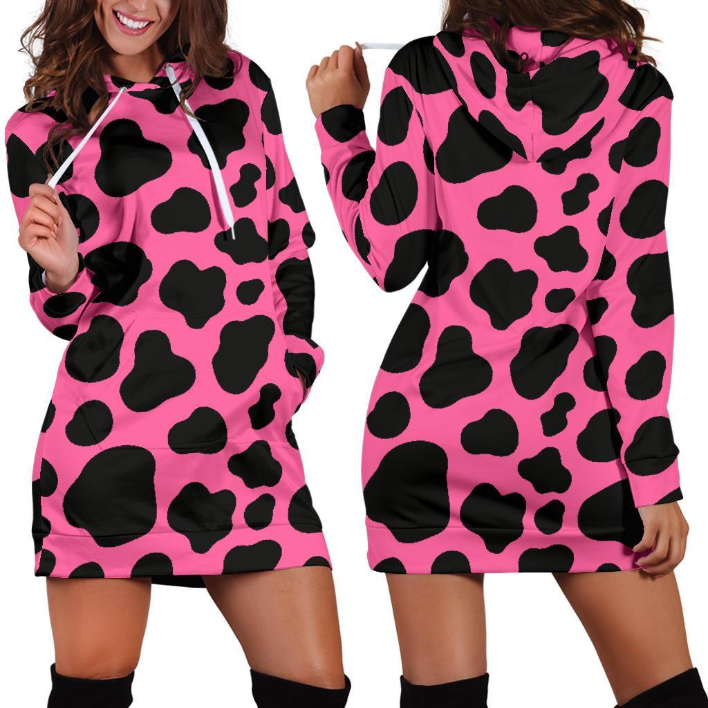 Black And Hot Pink Cow Print Hoodie Dress GearFrost