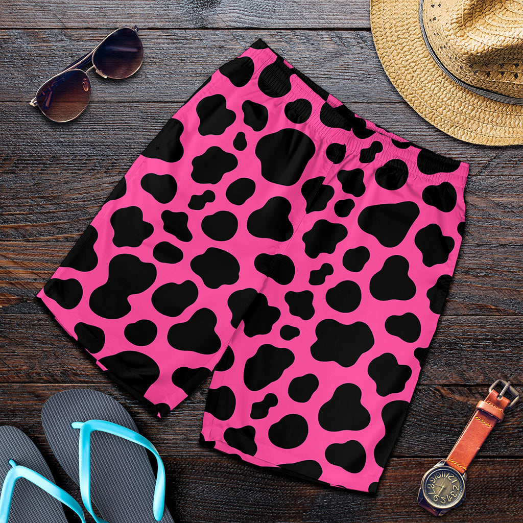 Black And Hot Pink Cow Print Men's Shorts