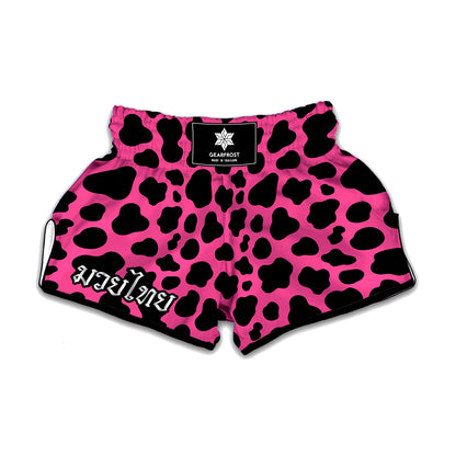 Black And Hot Pink Cow Print Muay Thai Boxing Shorts