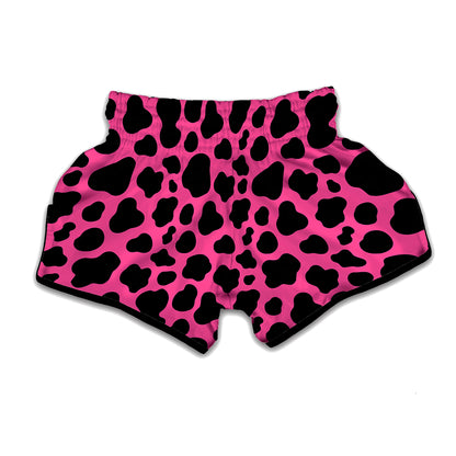 Black And Hot Pink Cow Print Muay Thai Boxing Shorts
