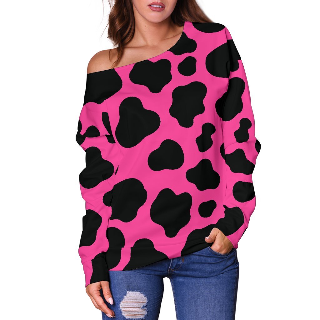 Black And Hot Pink Cow Print Off Shoulder Sweatshirt GearFrost