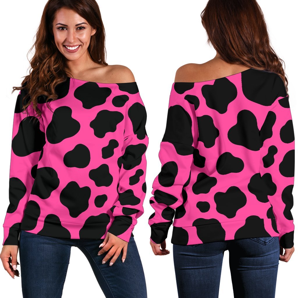 Black And Hot Pink Cow Print Off Shoulder Sweatshirt GearFrost