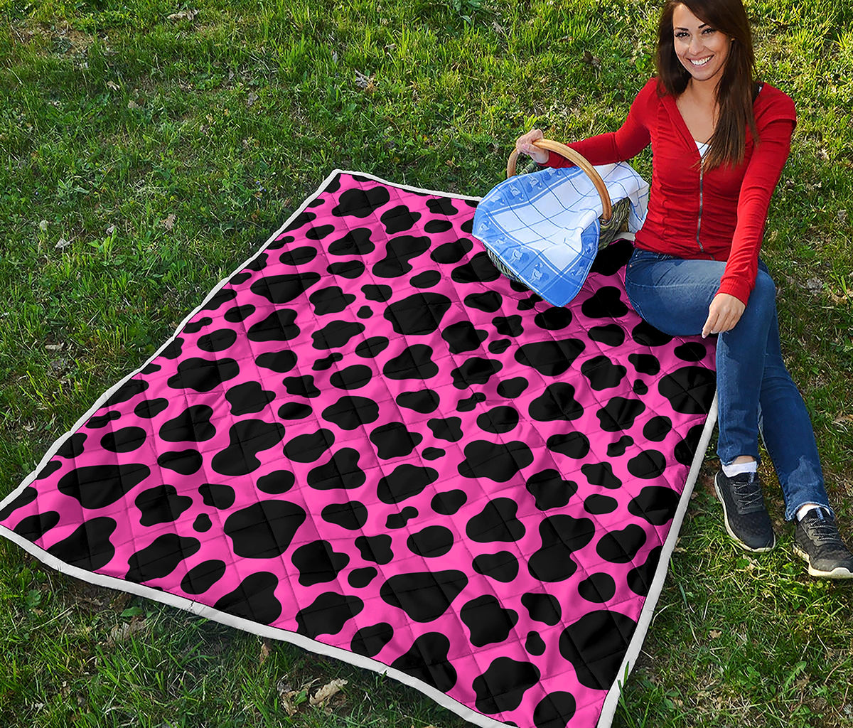 Black And Hot Pink Cow Print Quilt