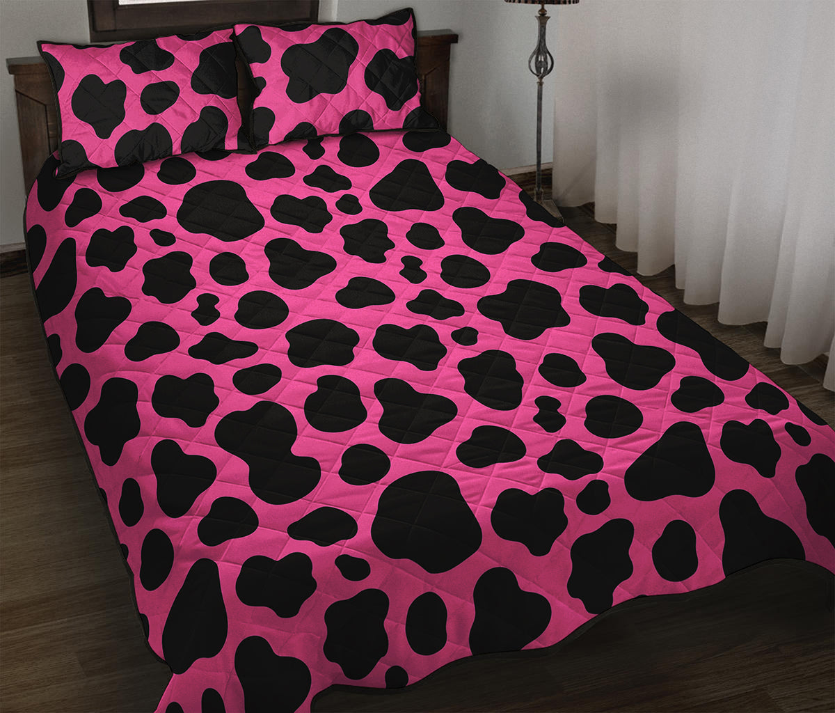 Black And Hot Pink Cow Print Quilt Bed Set