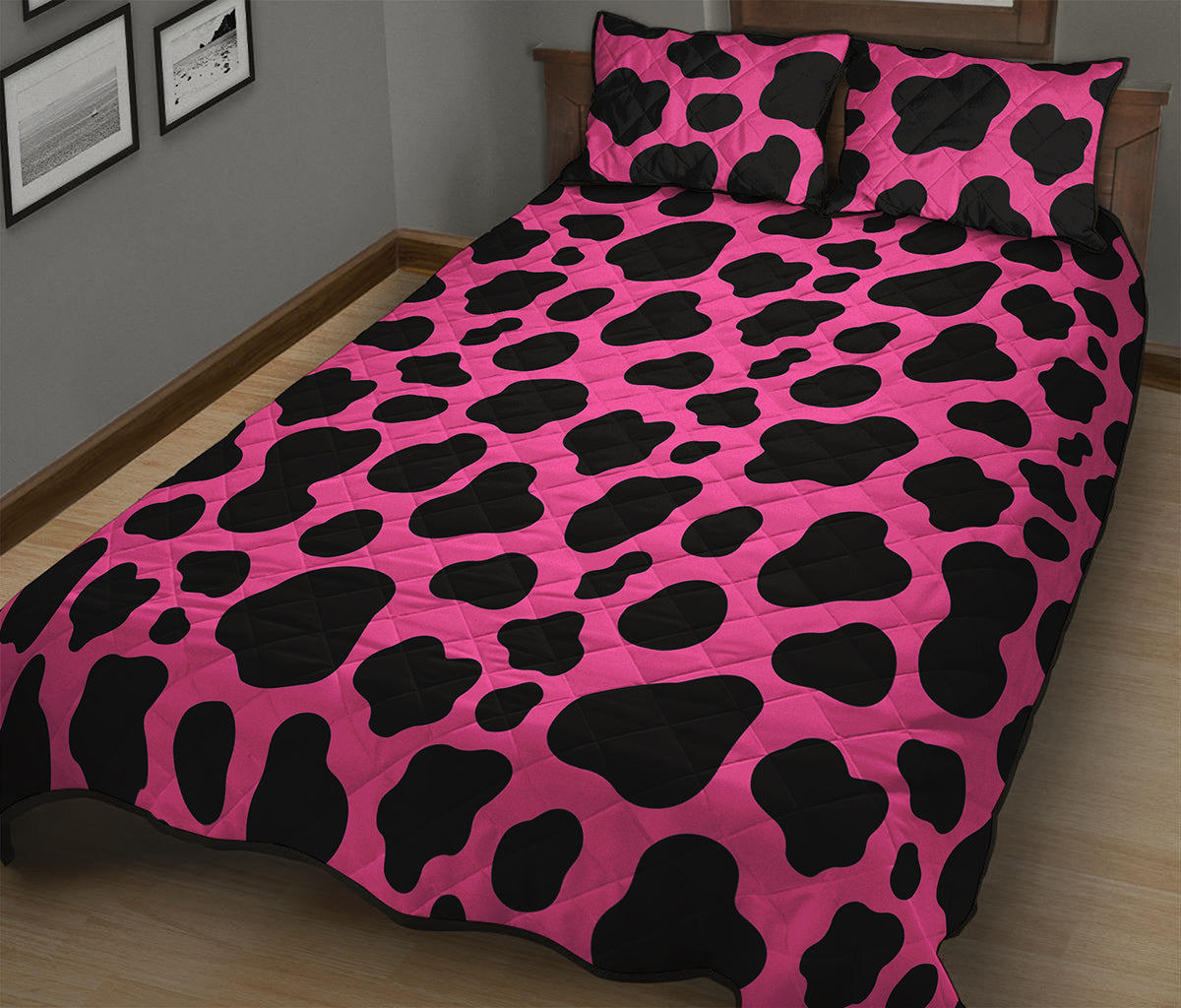 Black And Hot Pink Cow Print Quilt Bed Set