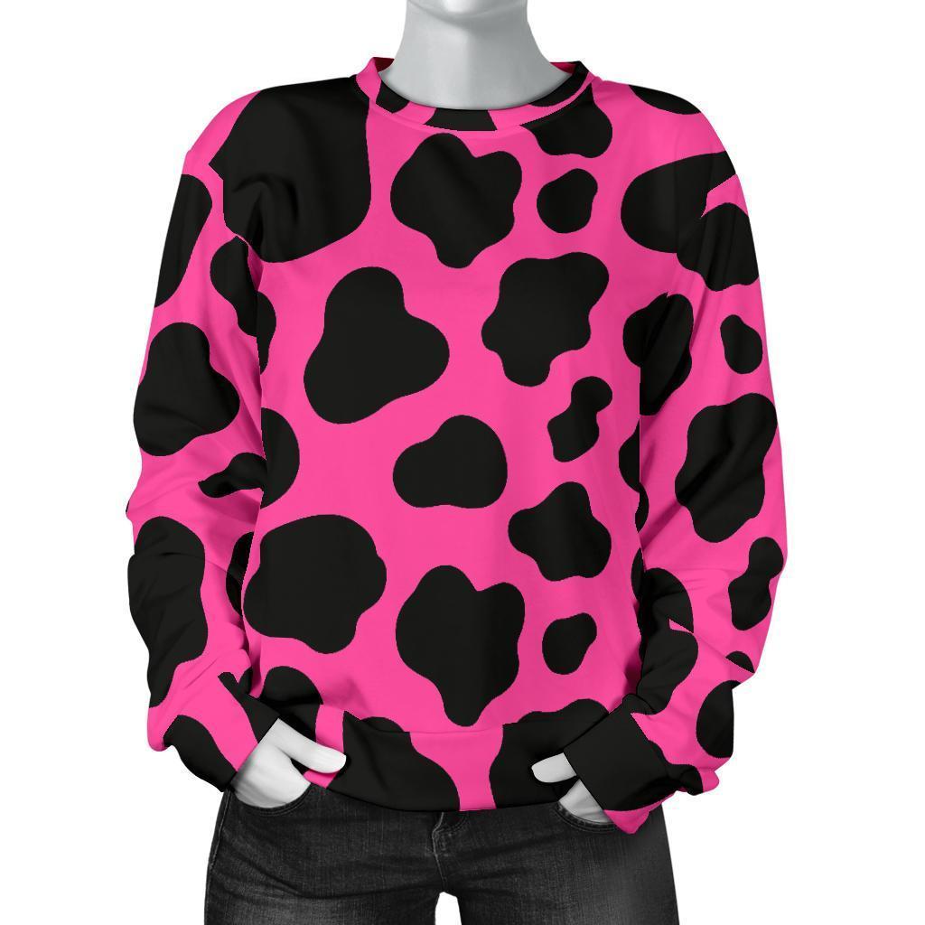 Black And Hot Pink Cow Print Women's Crewneck Sweatshirt GearFrost