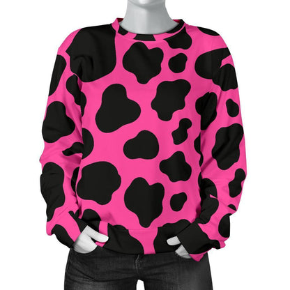 Black And Hot Pink Cow Print Women's Crewneck Sweatshirt GearFrost